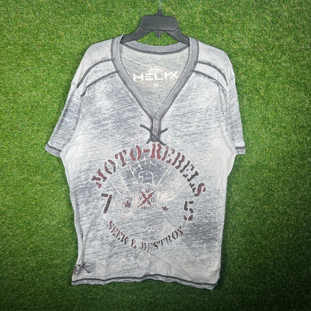 Helix Moto Rebels Graphic T-Shirt Mens Medium Grey Burnout V-Neck Seek & Destroy